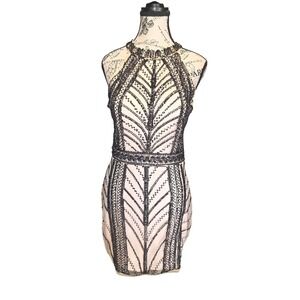 Minuet Black and Nude Beige Sequin Halter Neck Sheath Mini Dress Sz M Party Wear
